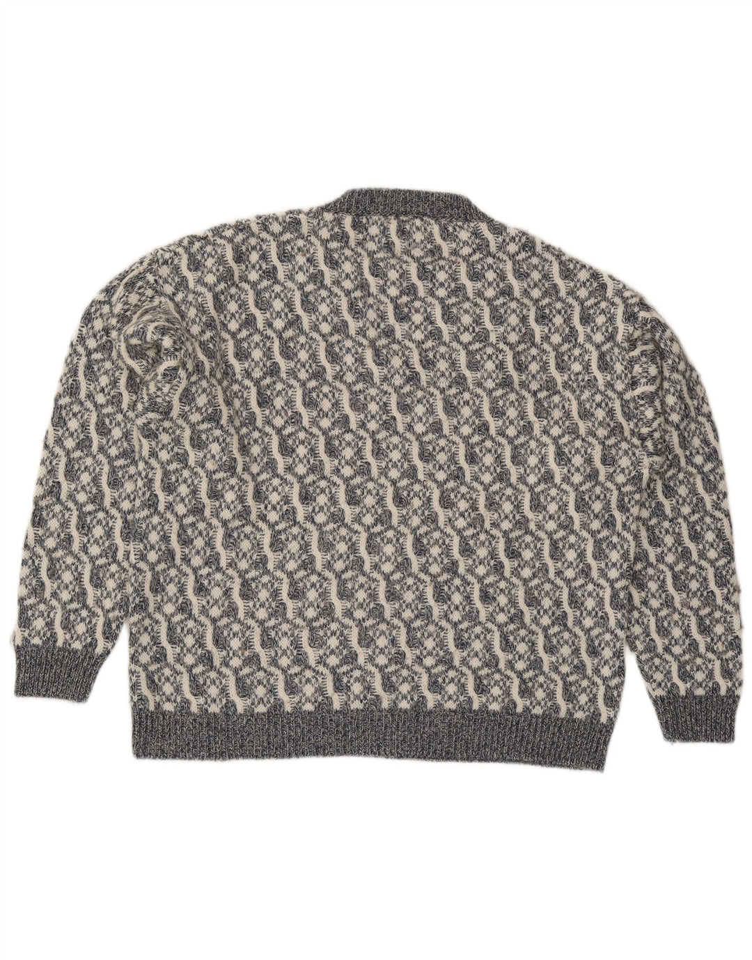 Vintage hombres V-cuello jumper suéter grande gris lana geométrica
