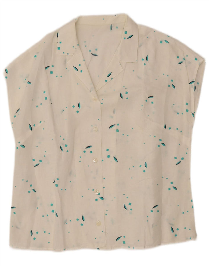 VINTAGE Mujer Camisa Sin Mangas Blusa Reino Unido 12 Medio Blanco Geométrico