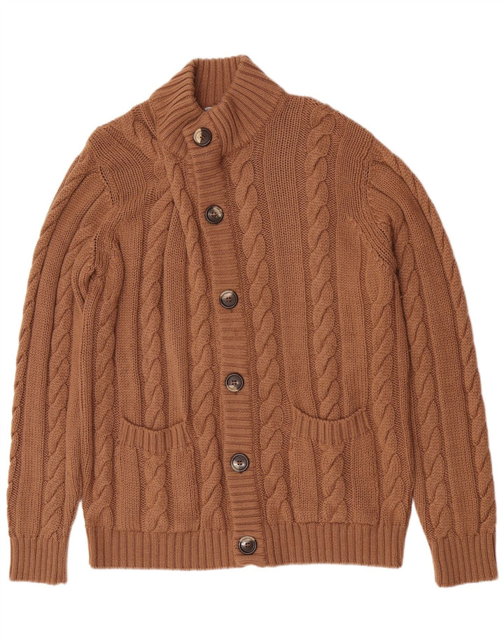 Vintage hombres regular fit cardigan suéter grande marrón lana merino