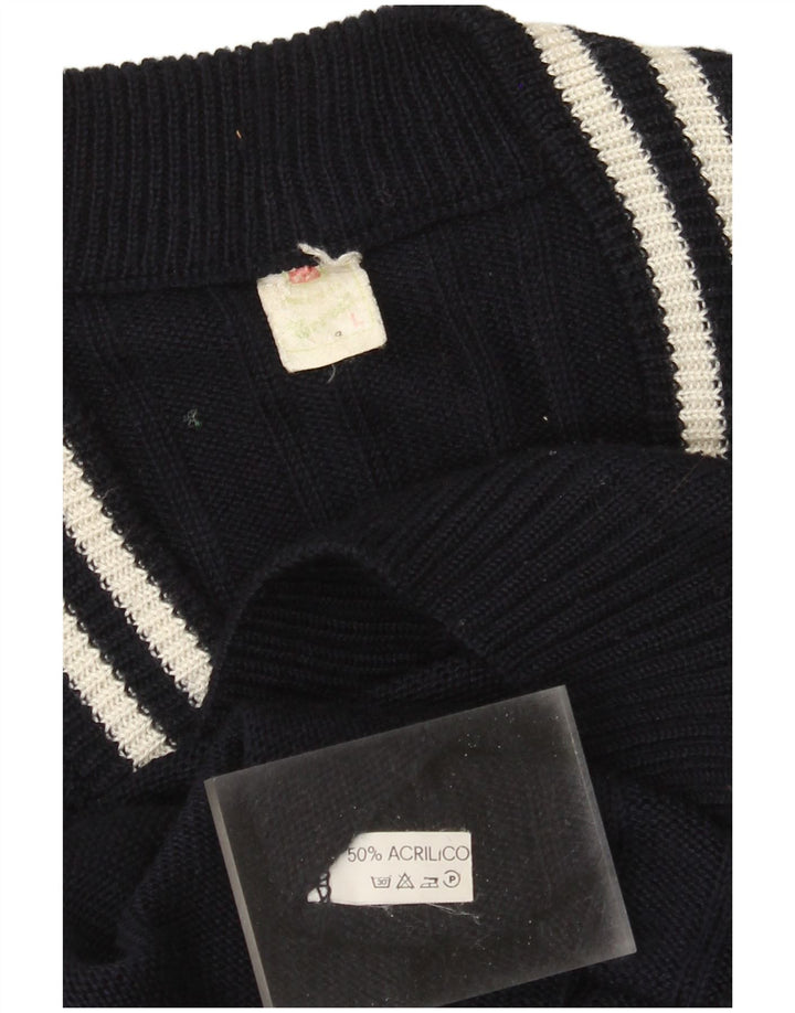 Vintage hombres V-cuello jumper suéter grande azul marino acrílico