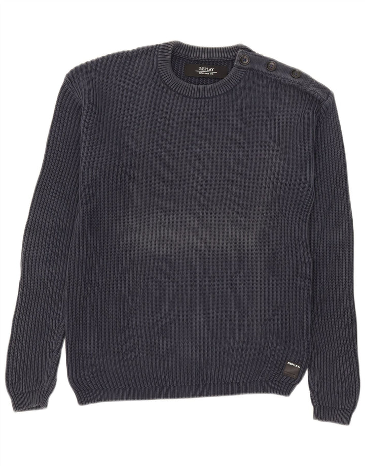 Replay Jersey de cuello redondo para hombre, talla grande, algodón azul marino