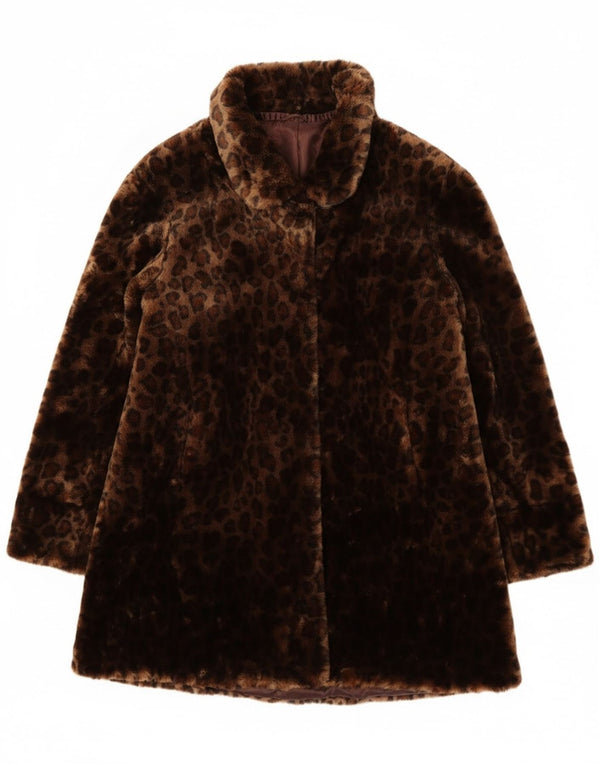 Vintage mujer oversize abrigo de piel sintética Reino Unido 10 pequeño marrón animal print