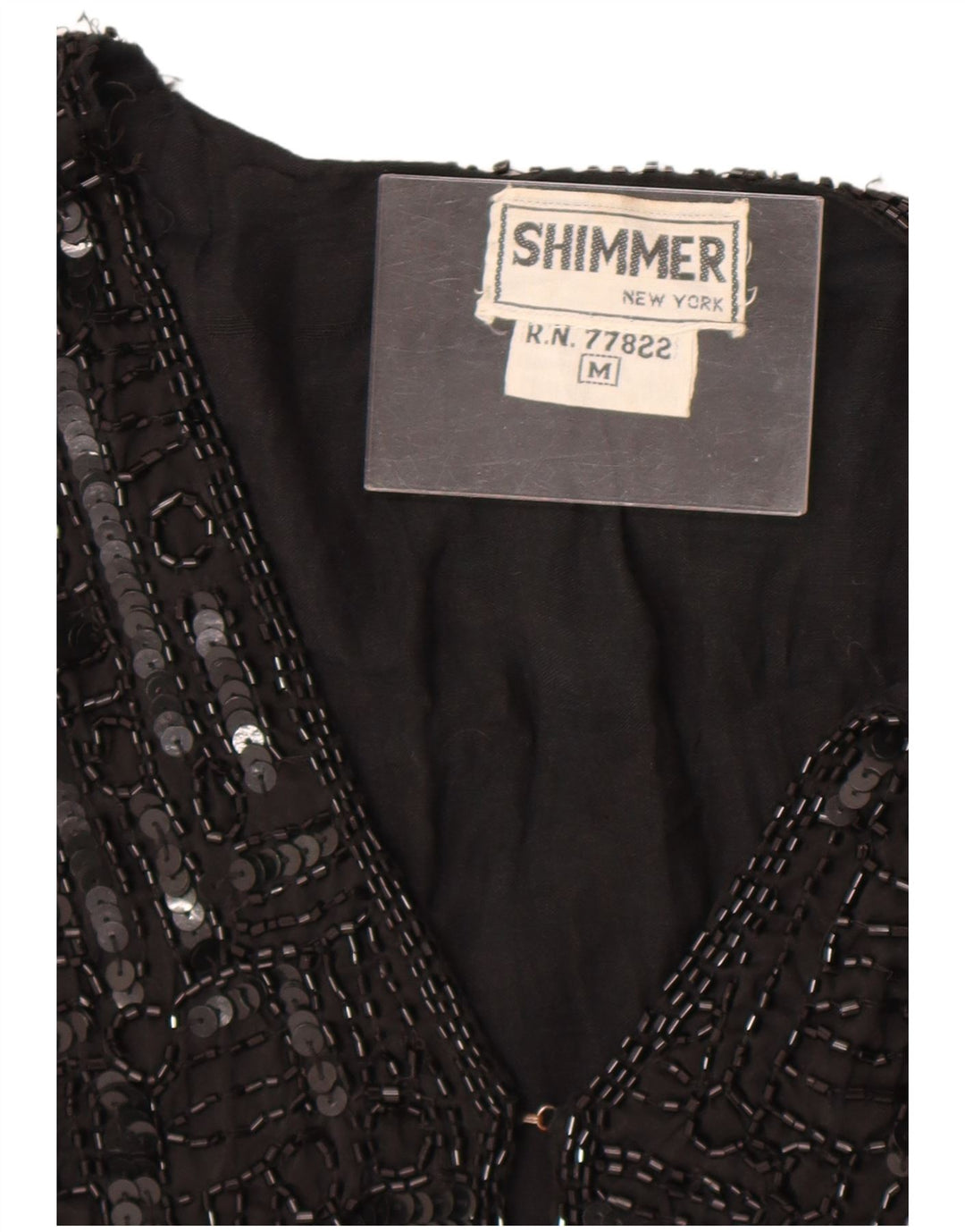 Vintage mujer lentejuelas chaleco Reino Unido 12 seda negra mediana