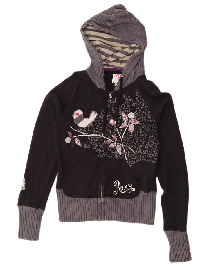 Roxy Sudadera con capucha y cremallera para mujer, talla M, color negro floral