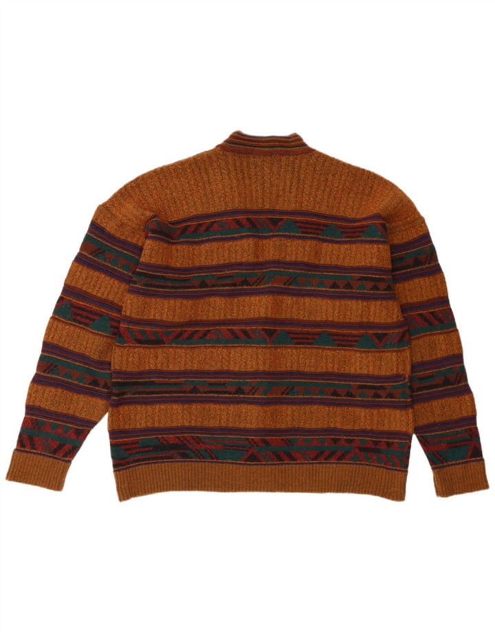 Vintage hombres Cardigan suéter medio marrón geométrico