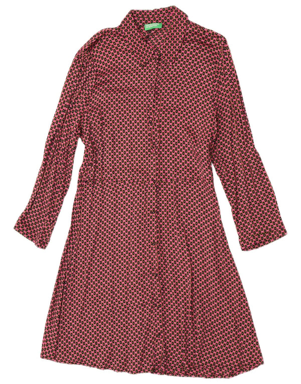 Benetton Vestido Camisero De Manga Larga Para Mujer ES 44 Grande Rojo Viscosa Geométrica