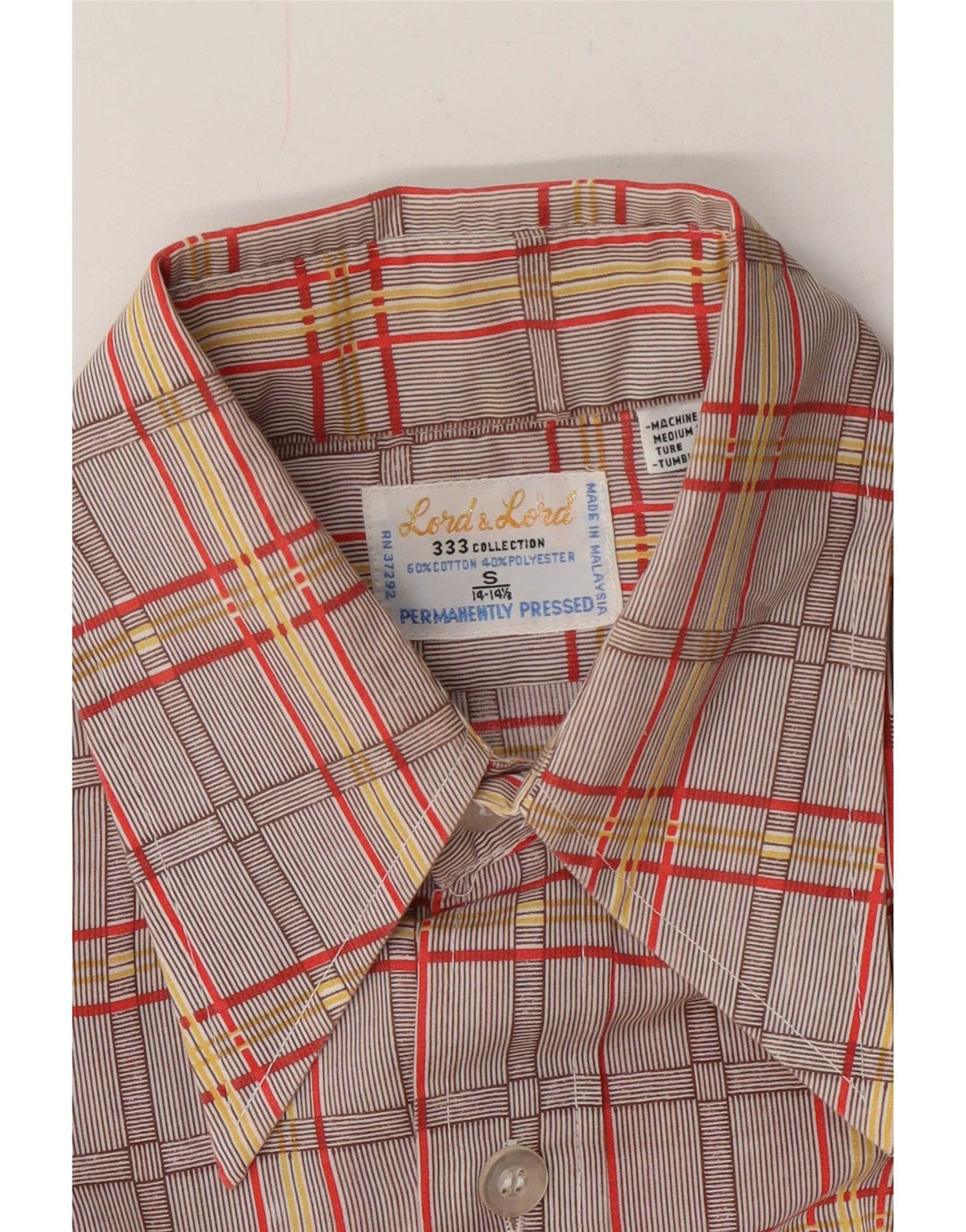 Vintage hombres camisa tamaño 14 1/2 pequeño marrón comprobar algodón