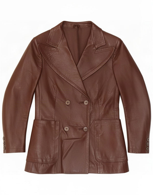 Chaqueta blazer vintage de cuero con doble botonadura para mujer IT 44 Marrón medio