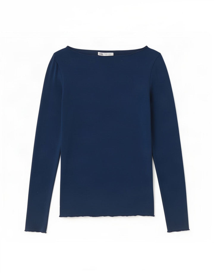 Zara Mujer Top Manga Larga UK 8 Small Azul Marino