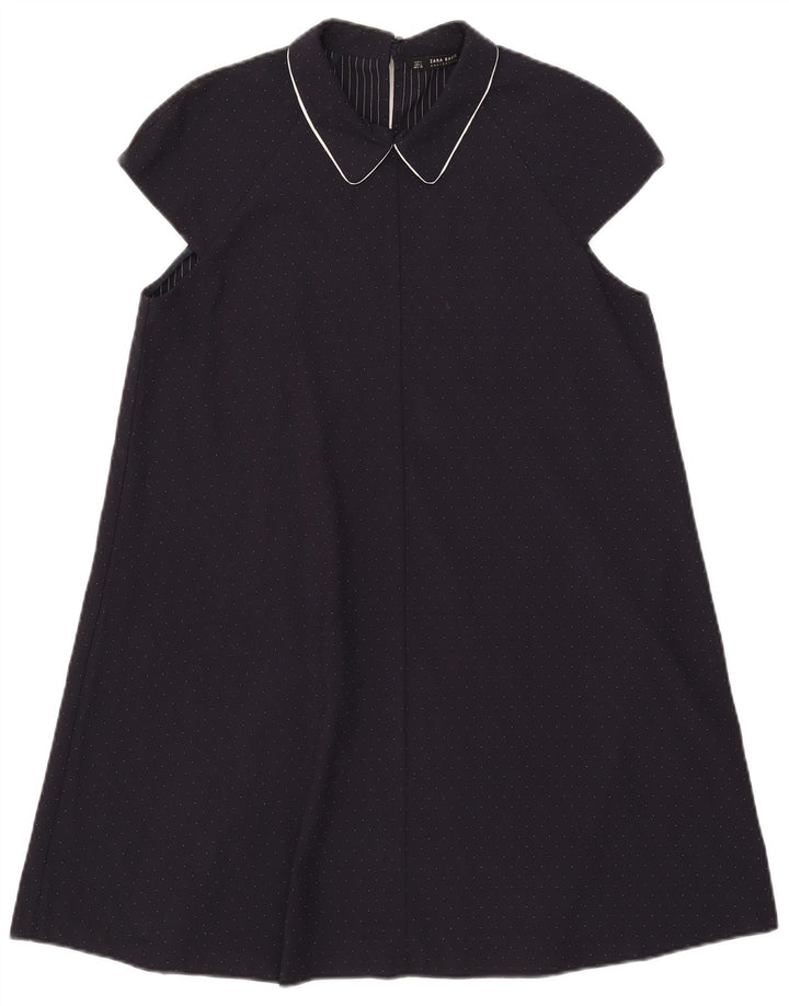 Zara Vestido Acampanado para Mujer UK 44 Grande Poliéster con Manchas Azul Marino