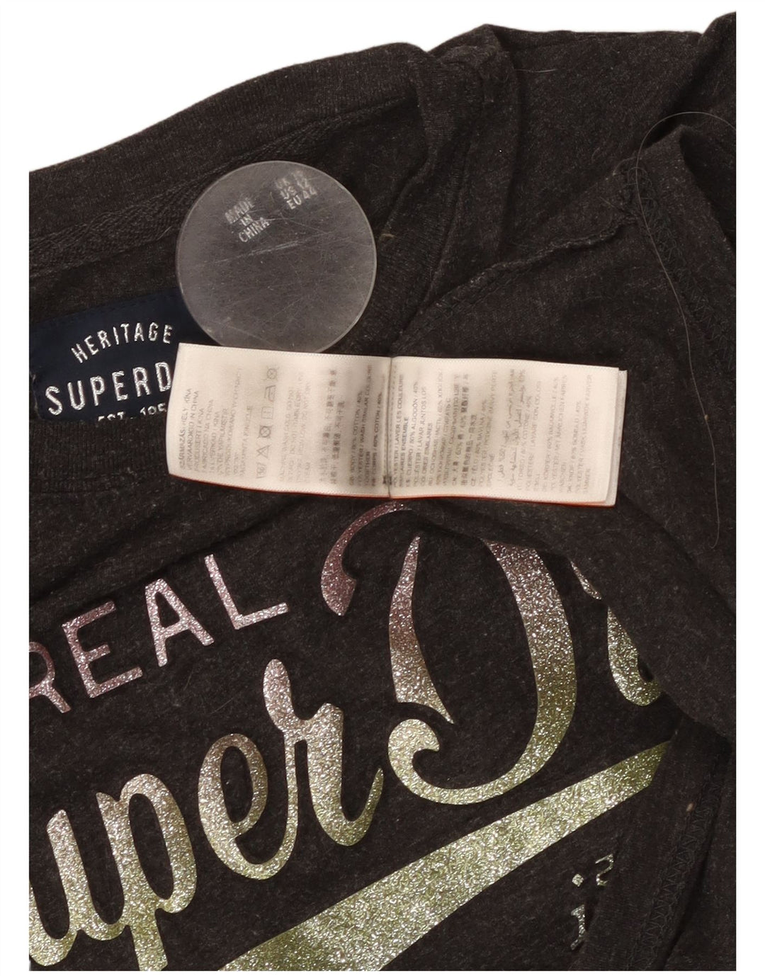 SUPERDRY Camiseta gráfica para mujer Top UK 46 Grande Algodón moteado gris