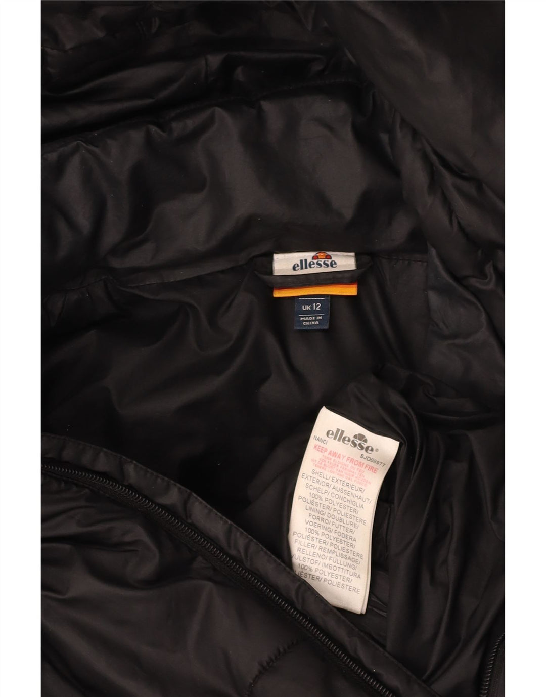 ELLESSE Chaqueta acolchada extragrande con capucha para mujer UK 12 Mediana Poliéster negro