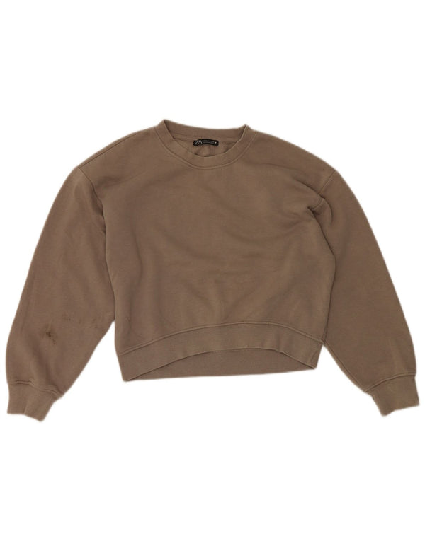 Zara Mujer Crop Relaxed Fit Sudadera Jumper UK 8 Small Marrón Algodón
