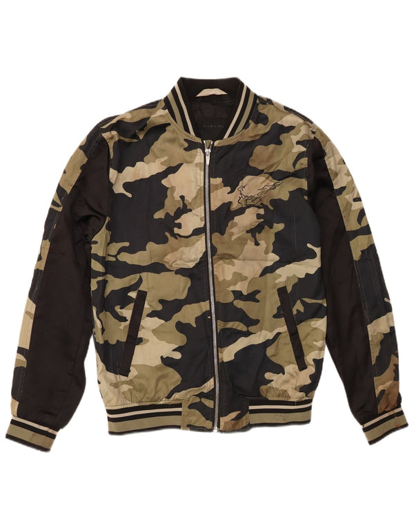 Zara Mens Graphic Bomber Jacket UK 38 Medium Caqui Camuflaje Poliéster