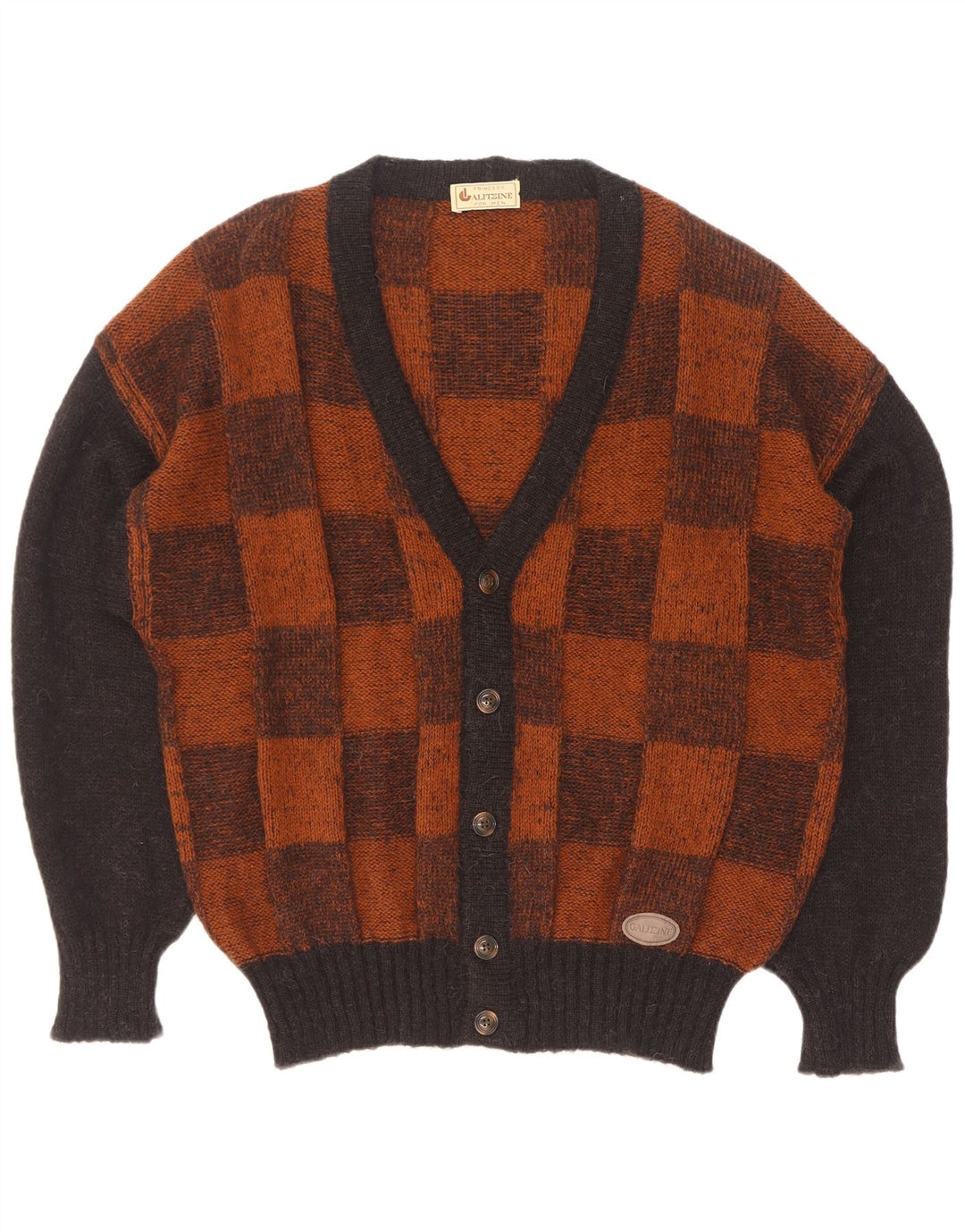 Vintage hombres Cardigan suéter grande marrón geométrico