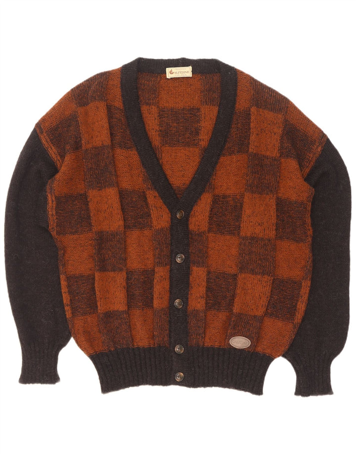 Vintage hombres Cardigan suéter grande marrón geométrico