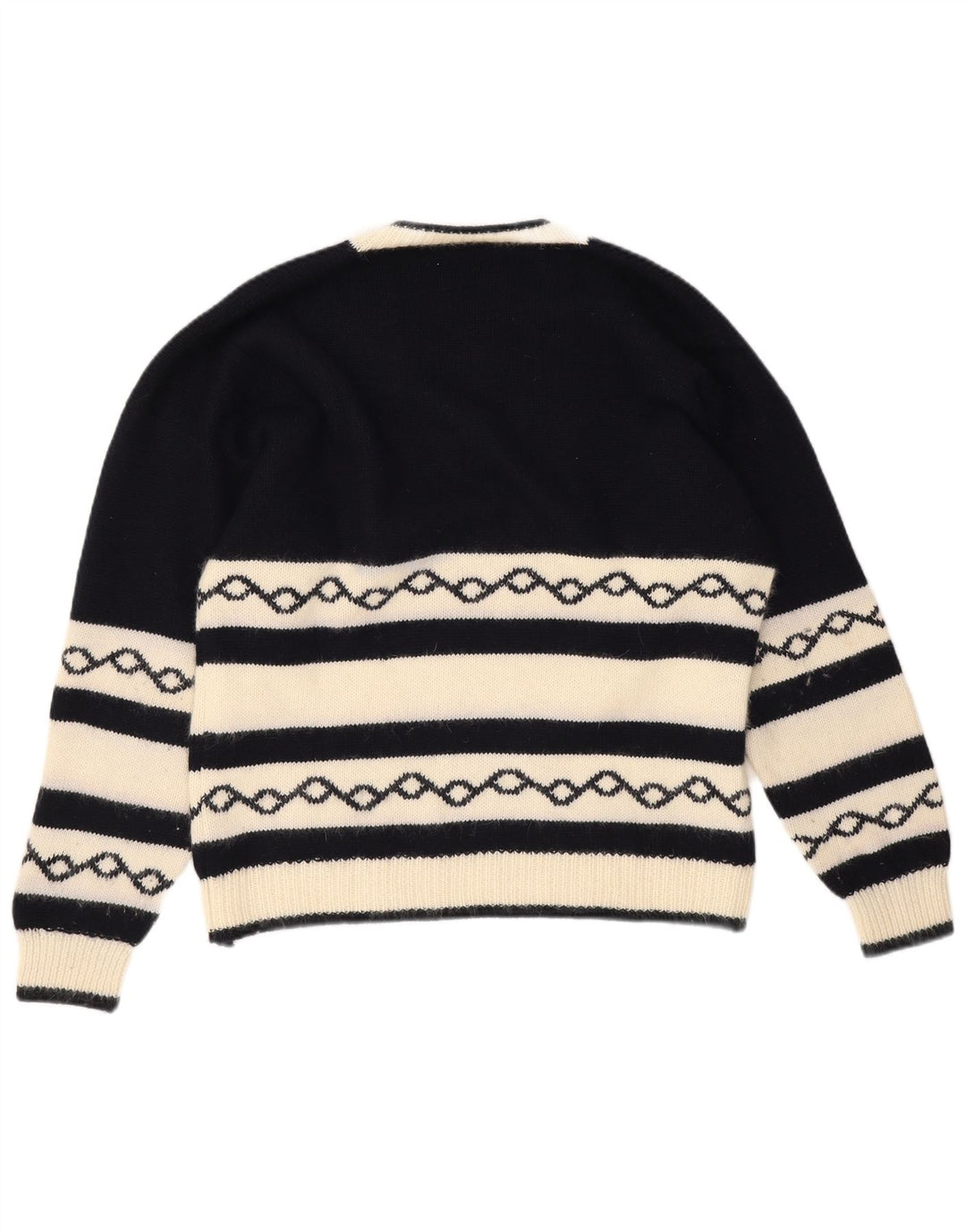 Vintage hombres V-cuello jumper suéter medio azul marino geométrico