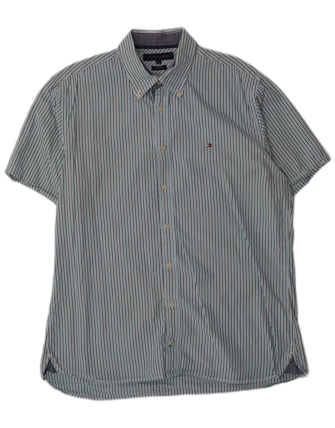 TOMMY HILFIGER Camisa de manga corta con ajuste personalizado para hombre, talla grande, color azul a rayas