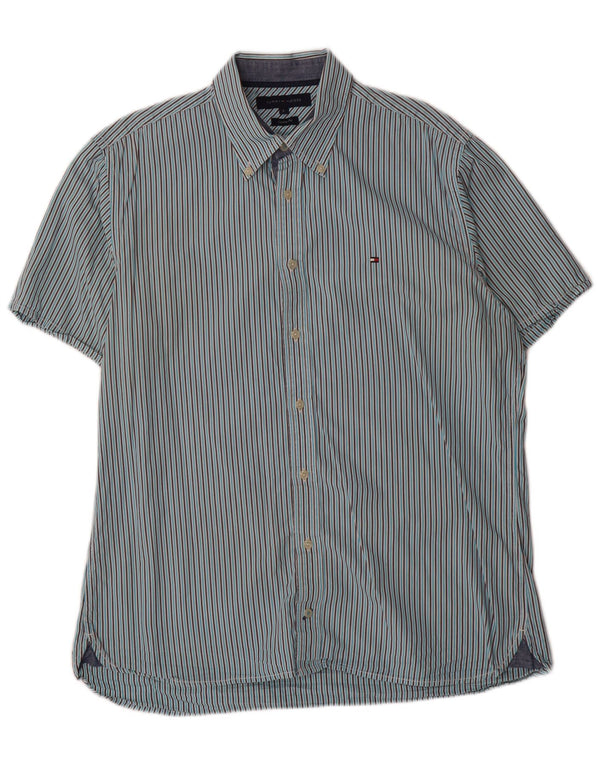 TOMMY HILFIGER Camisa de manga corta con ajuste personalizado para hombre, talla grande, color azul a rayas