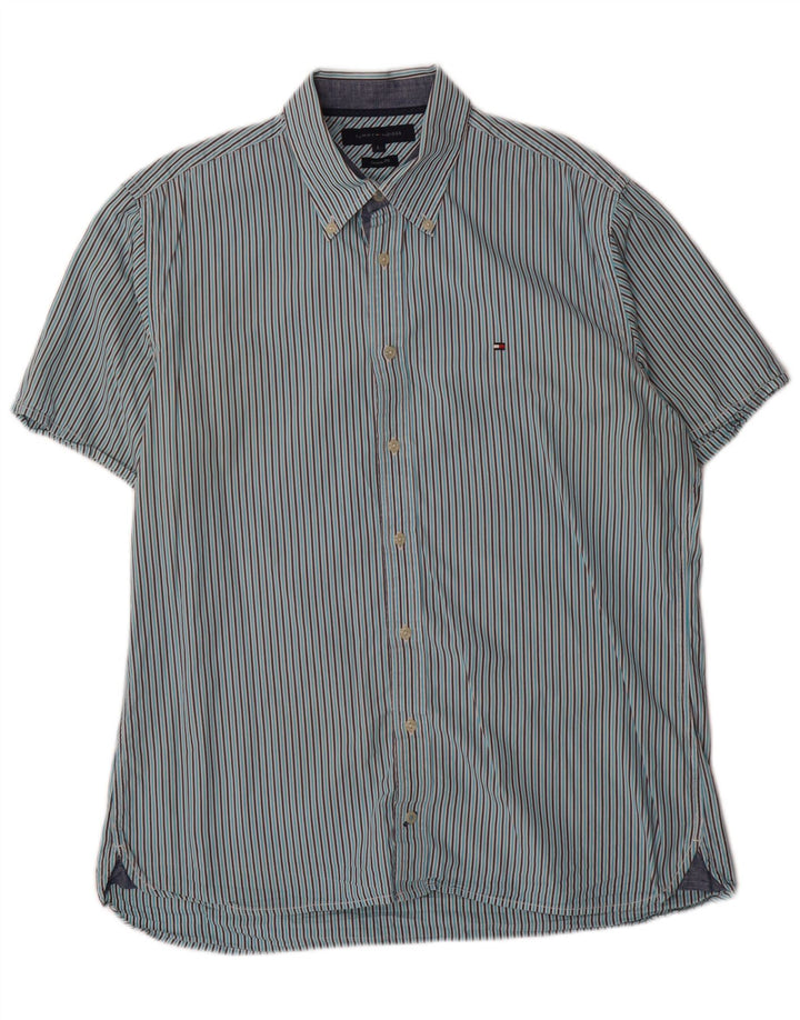 TOMMY HILFIGER Camisa de manga corta con ajuste personalizado para hombre, talla grande, color azul a rayas