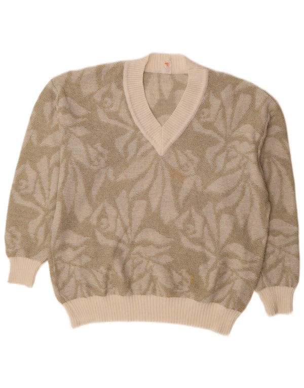 Vintage mujer V-cuello jumper suéter Reino Unido 16 grande caqui floral