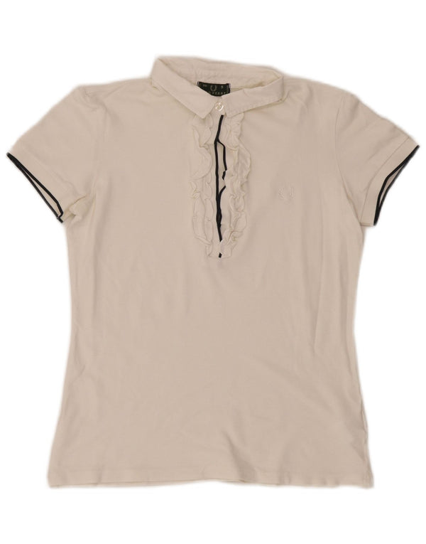 Fred Perry Polo con volantes en la parte delantera para mujer UK 10 Small White Cotton