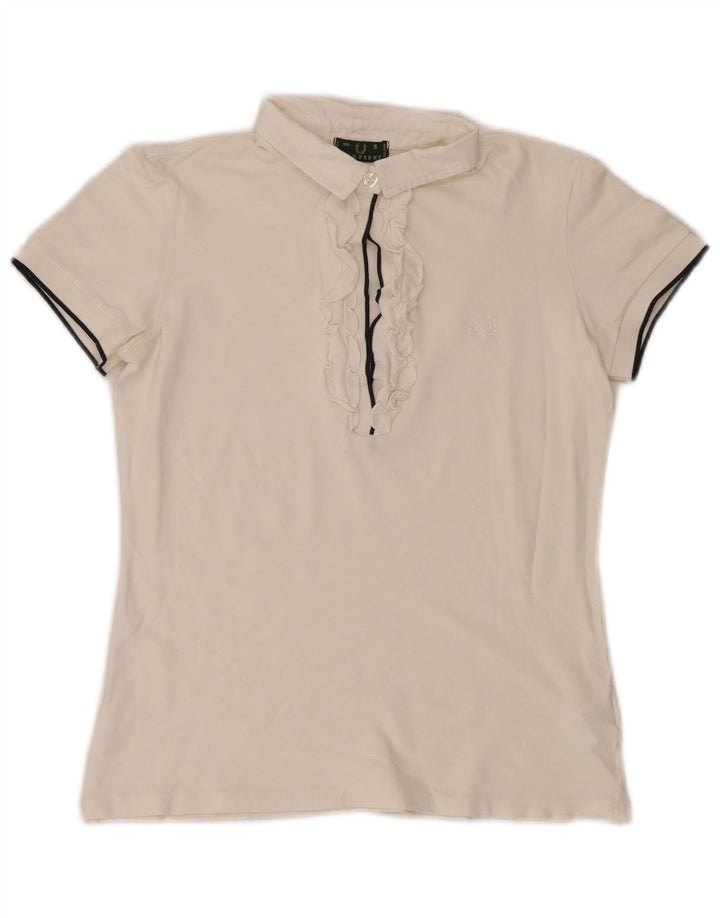 Fred Perry Polo con volantes en la parte delantera para mujer UK 10 Small White Cotton