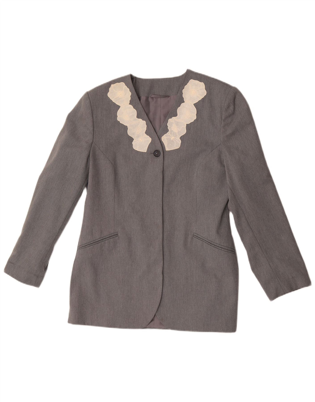 Vintage mujer 1 botón Blazer chaqueta Reino Unido 12 poliéster floral gris medio