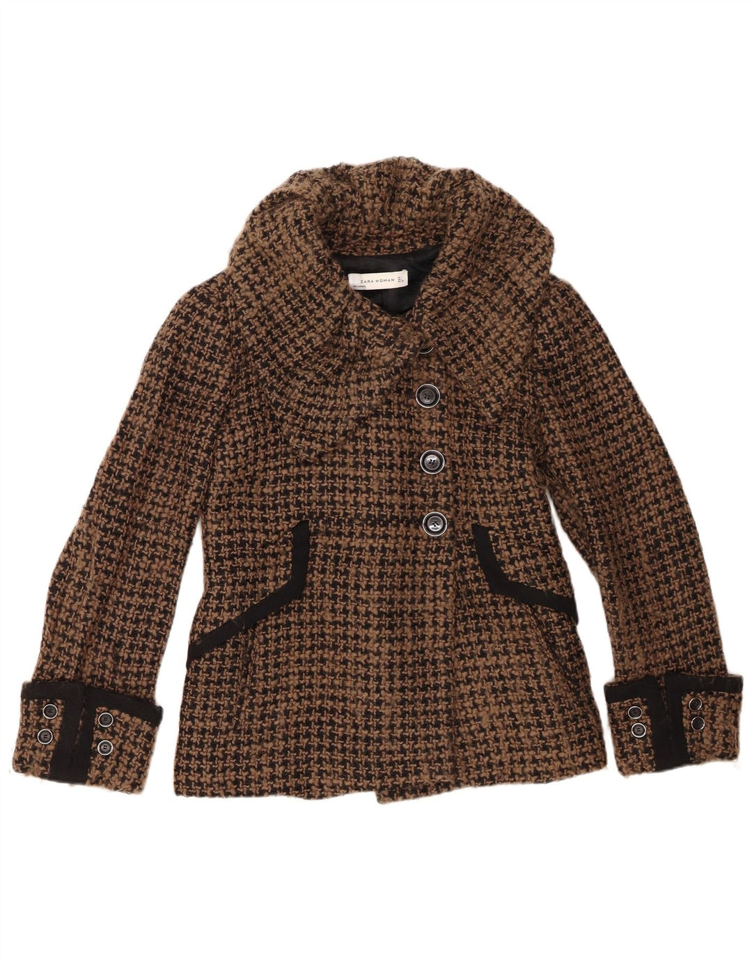 Zara Chaqueta Blazer De 4 Botones para Mujer UK 46 Grande Lana De Pata De Gallo Marrón