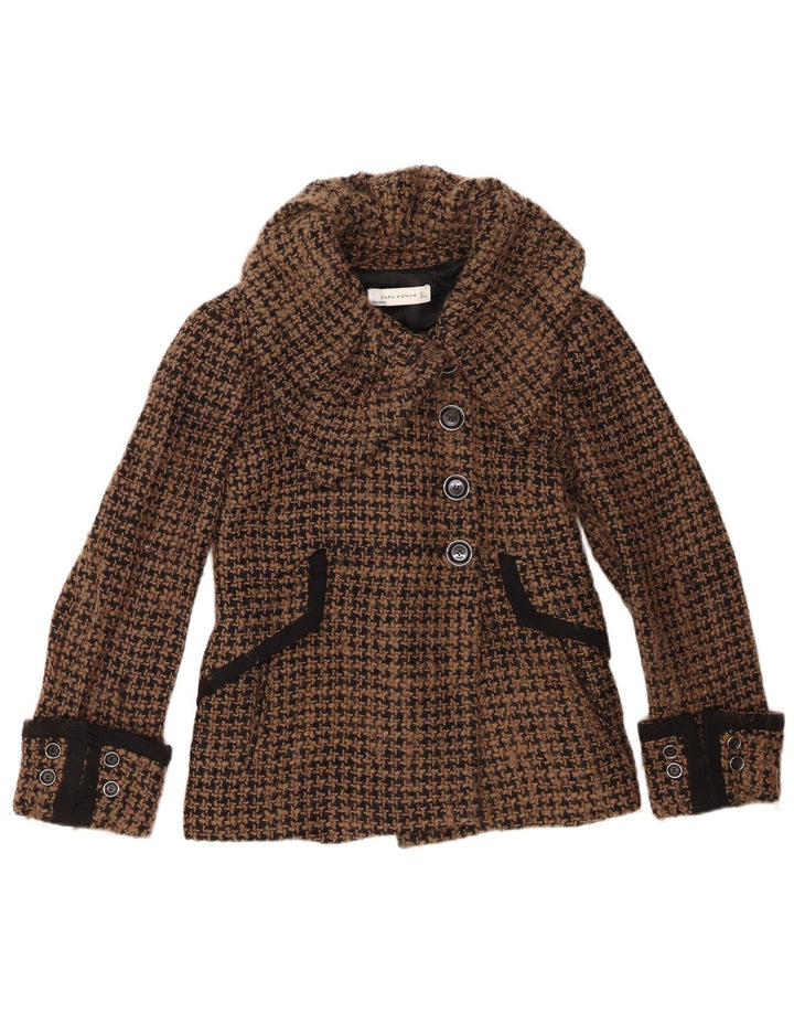 Zara Chaqueta Blazer De 4 Botones para Mujer UK 46 Grande Lana De Pata De Gallo Marrón