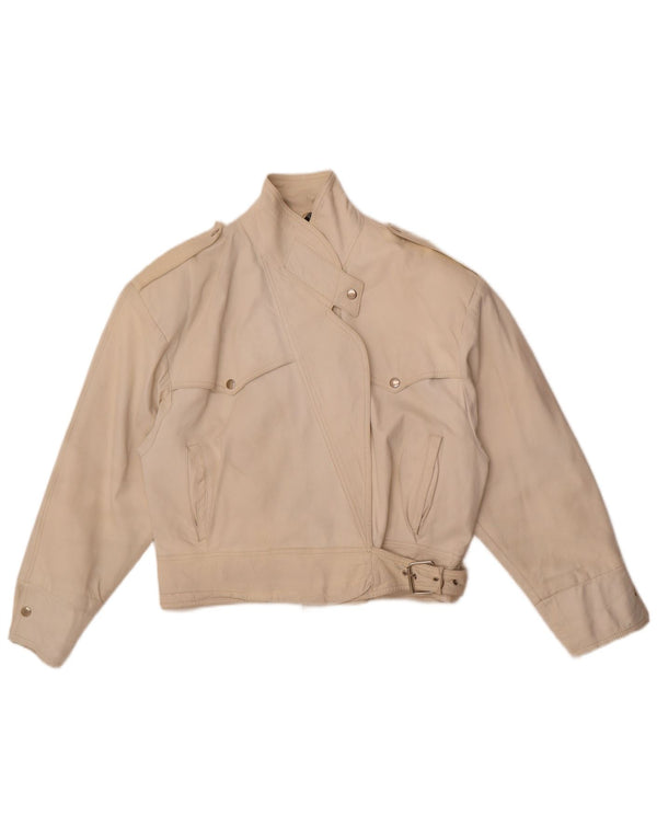 Vintage mujer chaqueta de cuero militar Reino Unido 16 grande de cuero blanco