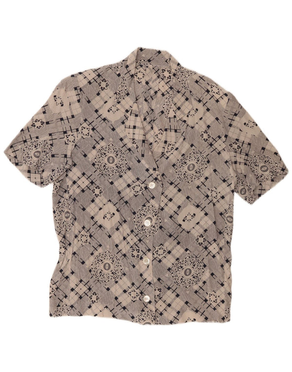Vintage mujer camisa de manga corta Reino Unido 16 grande gris geométrico