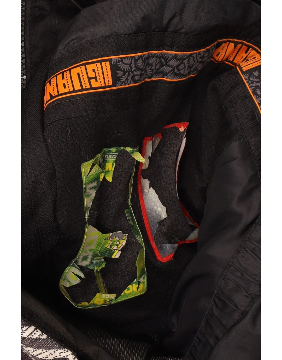 IGUANA Mens Abstract Pattern Windbreaker Jacket UK 40 Large Black Striped Vintage Iguana and Second-Hand Iguana from Messina Hembry 