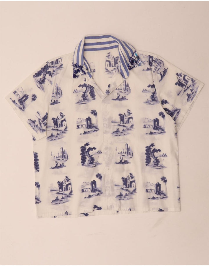 Vintage mujer patrón abstracto blusa Top Reino Unido 16 blanco grande