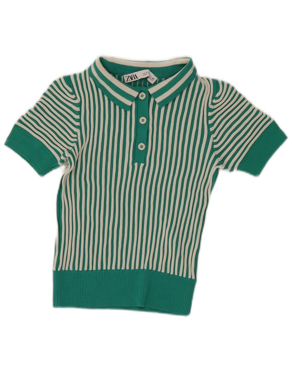 Zara Polo Corto Mujer UK 8 Small Viscosa A Rayas Verde