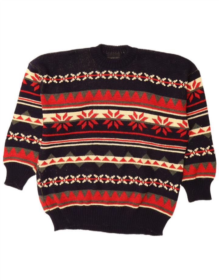 Vintage hombres cuello redondo jersey suéter grande multicolor Fair Isle