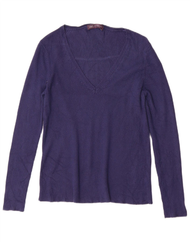 MARKS & SPENCER Suéter con cuello en V para mujer UK 10 Small Azul marino