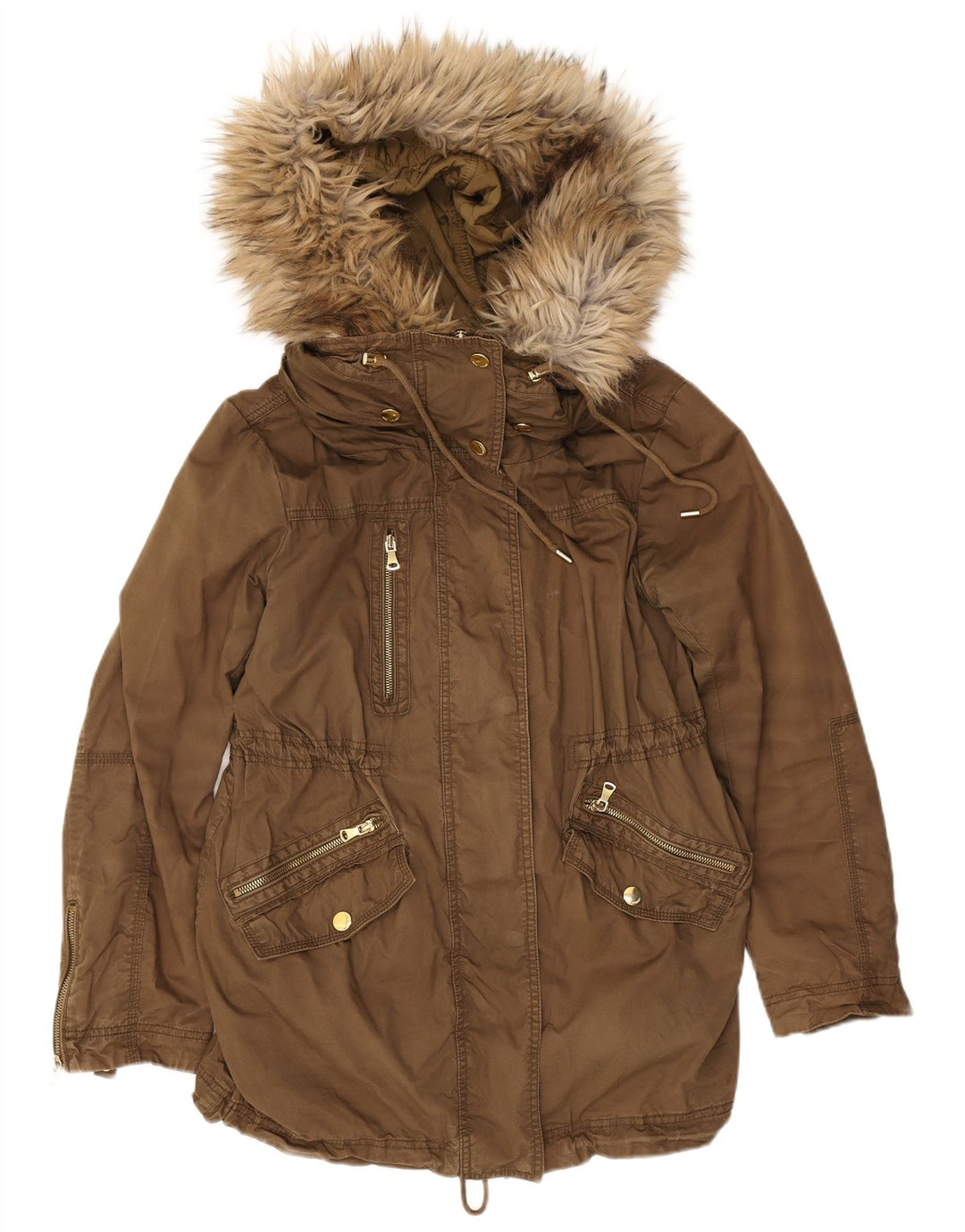Zara Mujer Parka Con Capucha Chaqueta UK 44 Mediano Caqui Poliéster