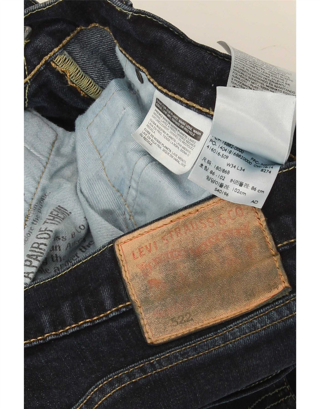 Levi's Hombre 522 Slim Jeans W34 L34 Algodón Azul Marino