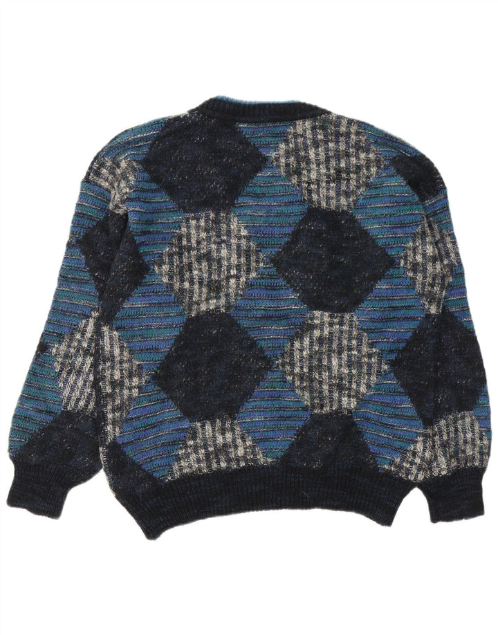 Vintage hombres V-cuello jumper suéter IT 48 azul medio Argyle/lana de diamante