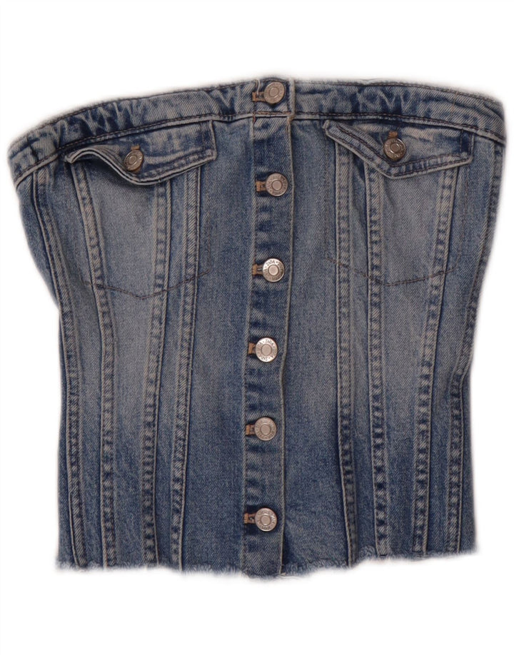 Zara Mujer Top Corsé Vaquero Sin Tirantes UK 8 Small Algodón Azul