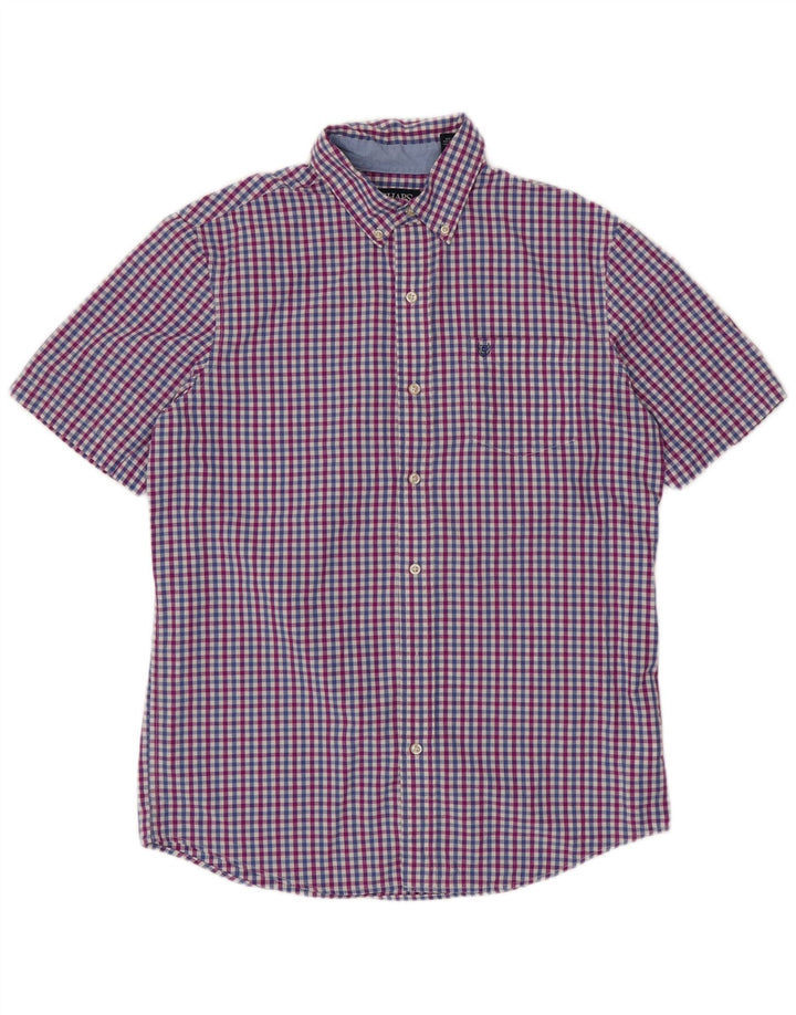 CHAPS Camisa de manga corta de fácil cuidado para hombre de algodón a cuadros azul medio