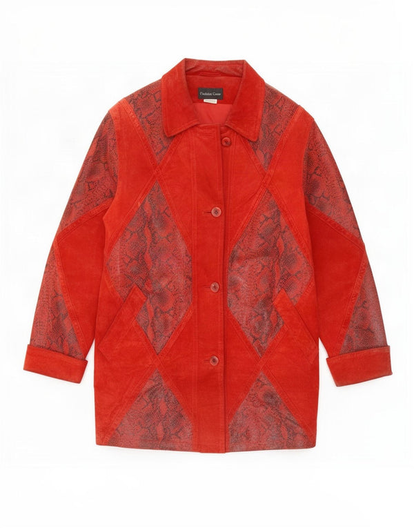 Vintage mujer ante relajado ajuste abrigo Reino Unido 10 pequeño rojo animal estampado