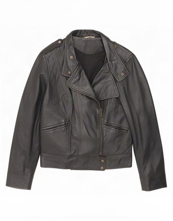 Promod Chaqueta motera de cuero para mujer UK 44 Mediana Negro