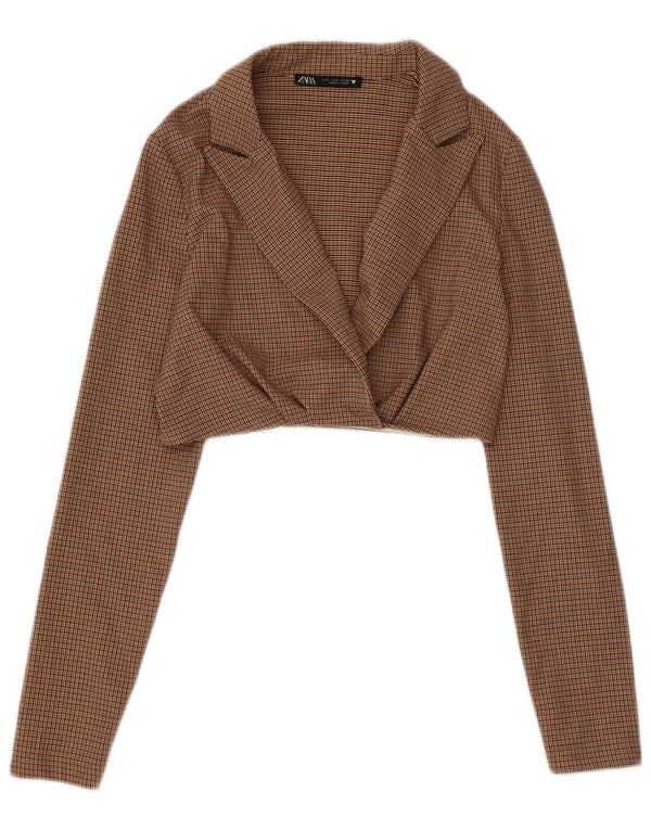 Zara Mujer Crop Blazer Chaqueta UK 10 Small Marrón Cuadros Poliéster