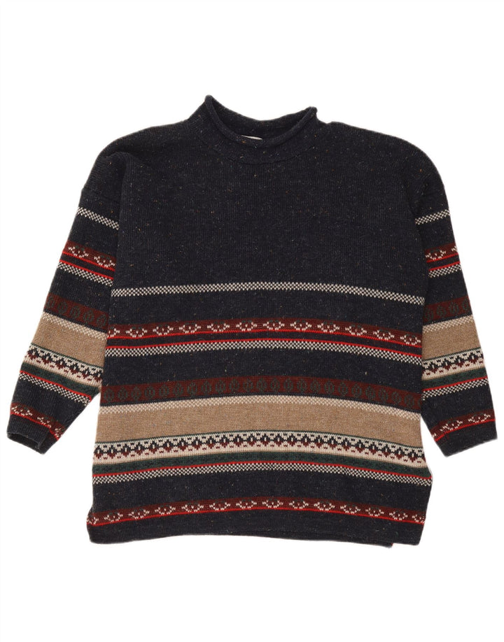 Vintage hombres tortuga cuello jumper suéter medio azul marino rayas acrílico