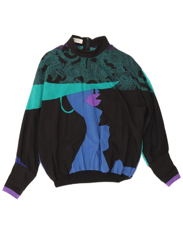 Fink Blusa extragrande de manga larga para mujer UK 44 Large Black Paisley Wool