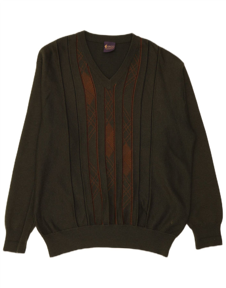 Gabicci Jersey con cuello en V para hombre de lana a rayas caqui grande