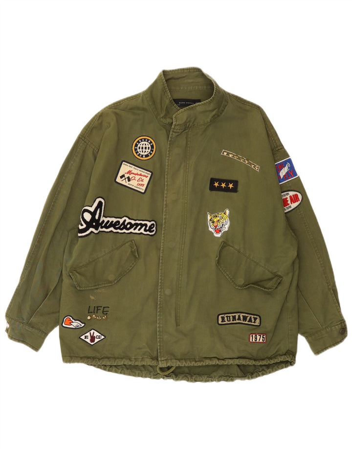 Zara Mujer Chaqueta Bomber Extragrande Gráfica UK 40 Algodón Caqui Mediano