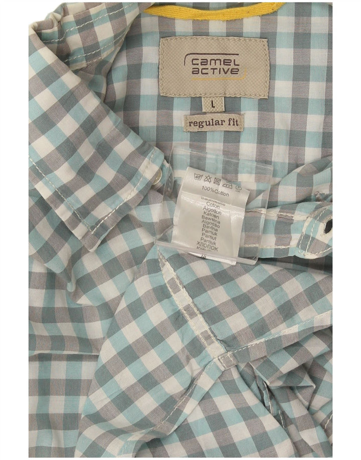Camel Active Camisa de manga corta para hombre con corte regular y algodón a cuadros azul grande